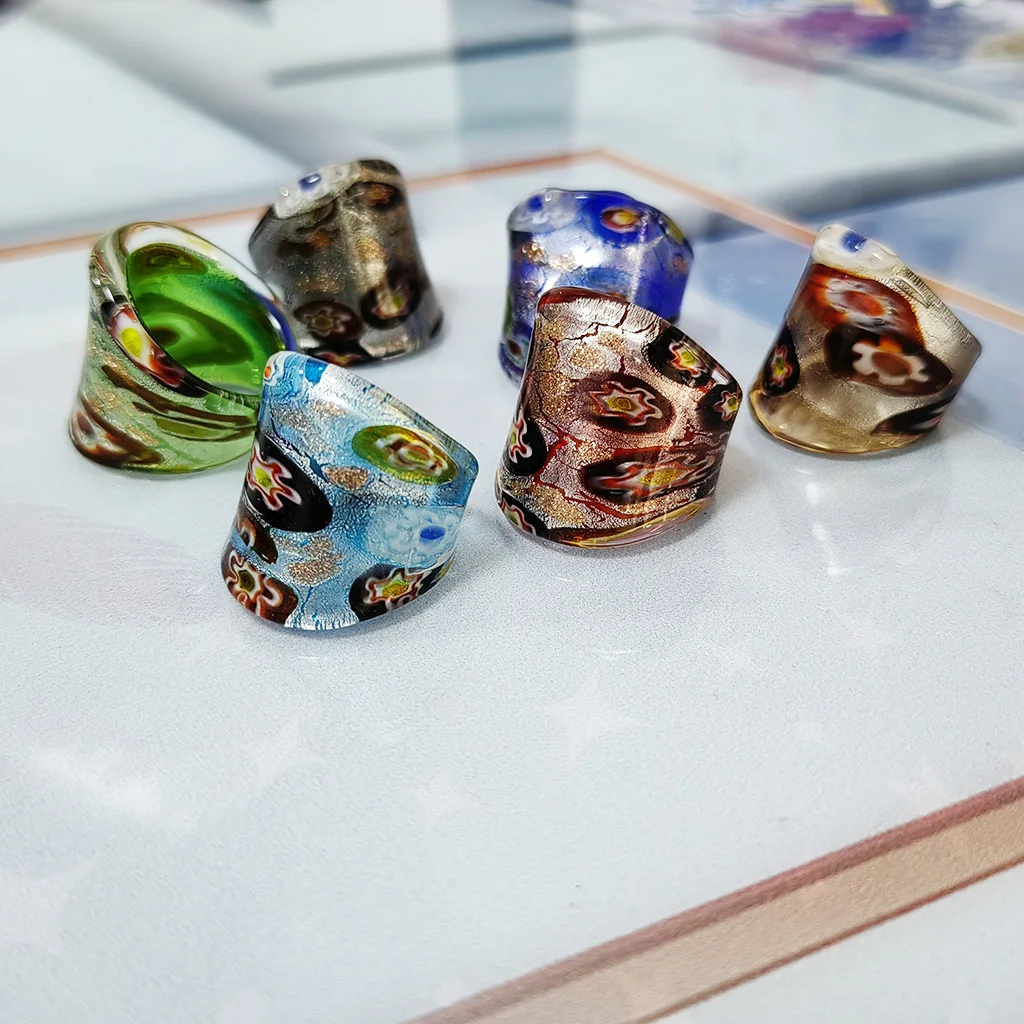 6pcs/Lot Wholesale Randomly With Colored Glaze Muran Crystal Glass Ring For Women Hot Foil Lampwork Rings More 18-19 MM
