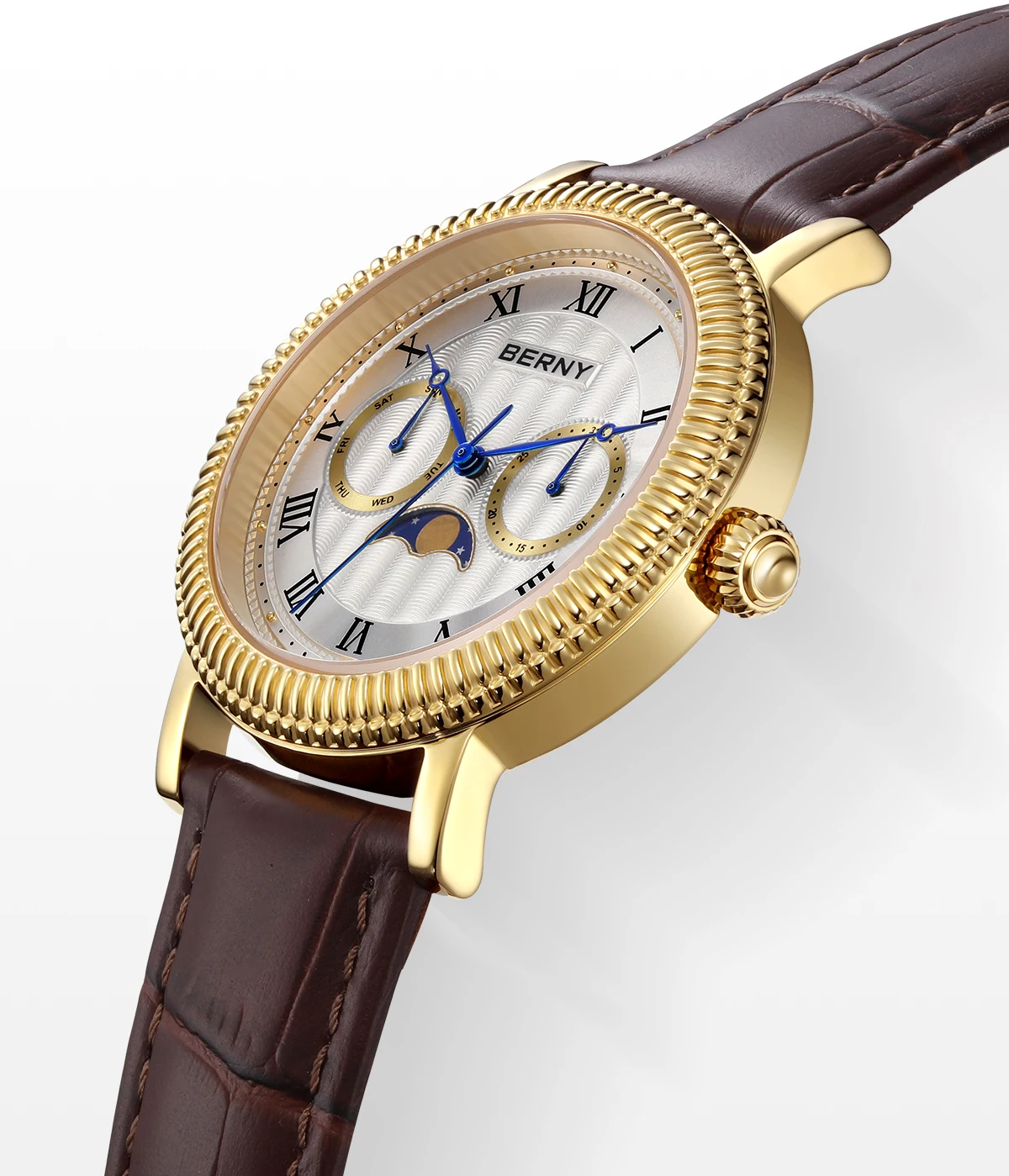 BERNY Uhren für Herren, Luxus-Kleidermarke, Business, Gold, Quarz, echte Monde, Herrenuhr, S/S, Saphir, Kalender, Mondphase-Armbanduhr – Detail 2