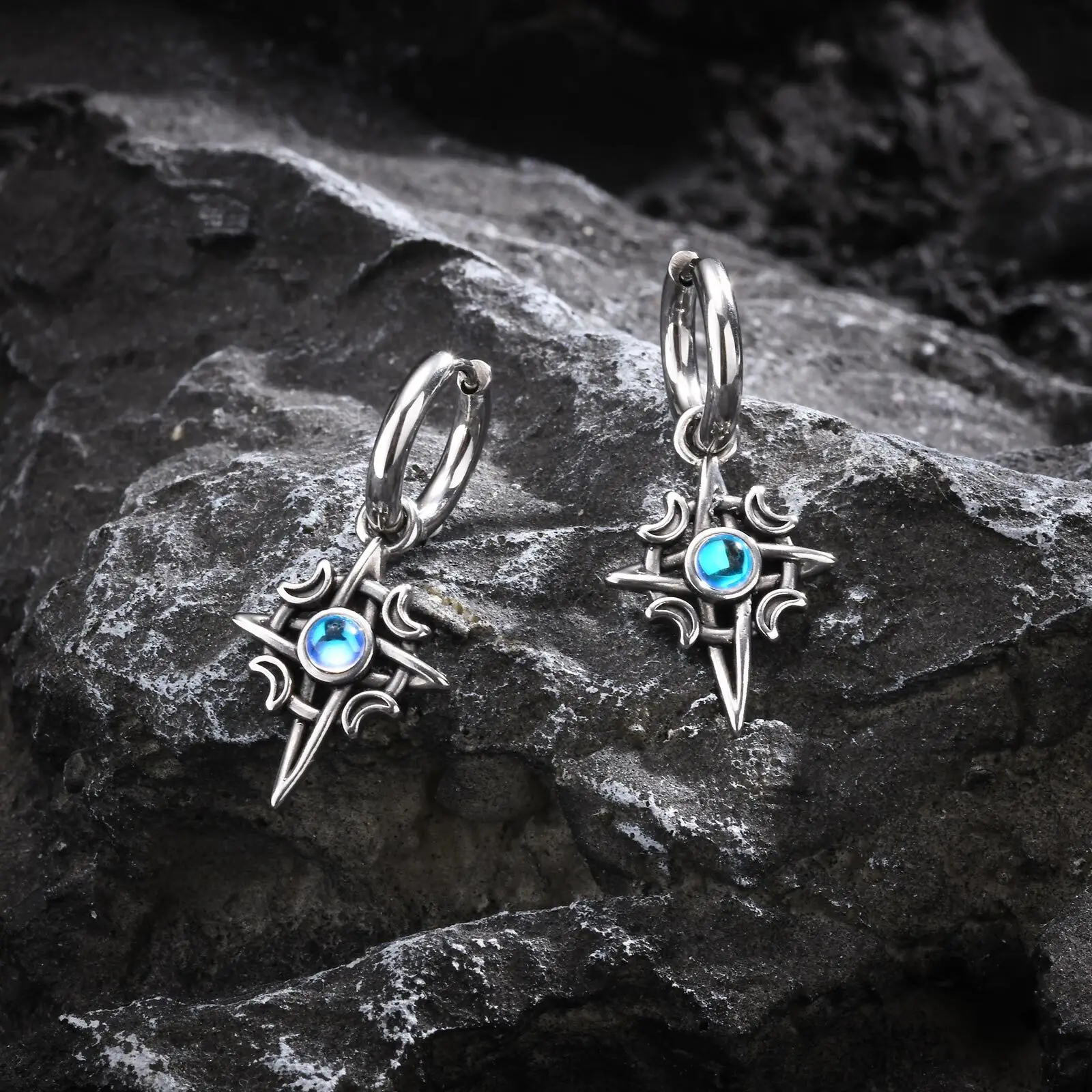 Vnox Vintage Star Moon Stone Earrings for Men Women, Hypoallergenic Stainless Steel Hoop Earrings Gift