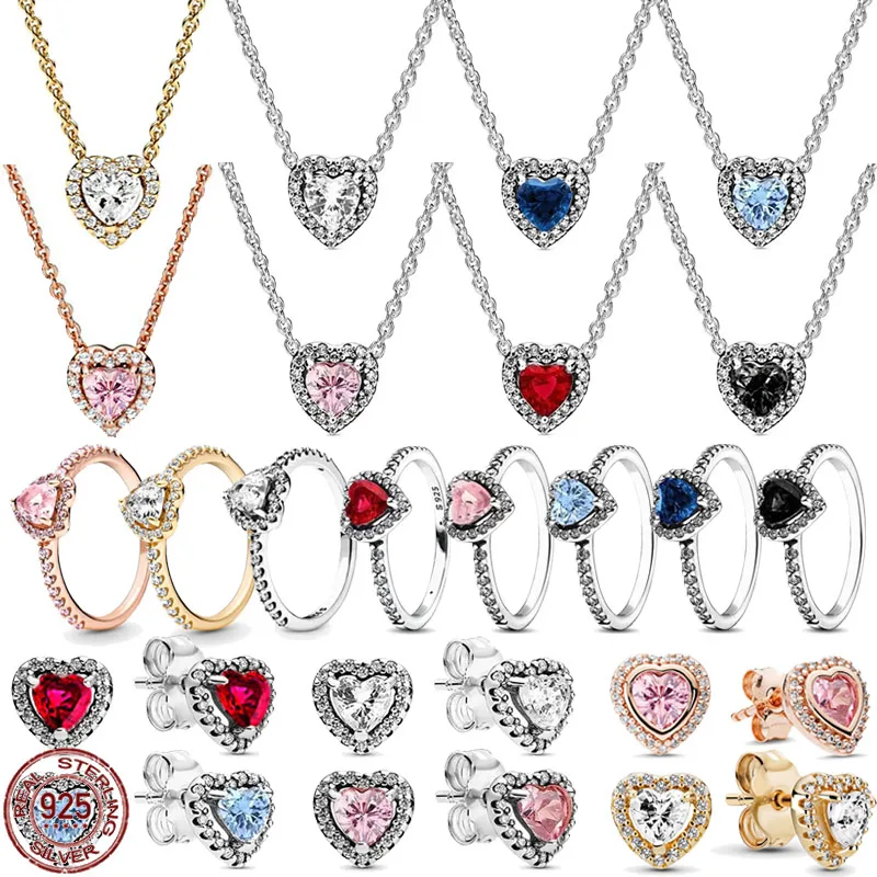 

New exquisite various colors heart-shaped earrings rings necklaces 925 sterling silver classic heart shaped charm jewelry gift