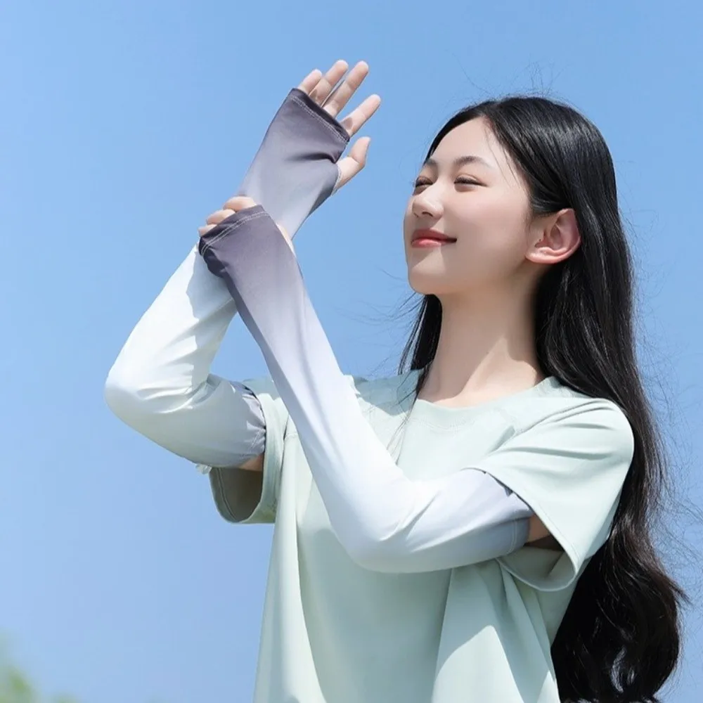 

Cute Pulling Rope Ice Silk Arm Sleeves Flared UV Protection Sunscreen Arm Sleeves Gradient Color Thin Cycling Arm Cover Girl