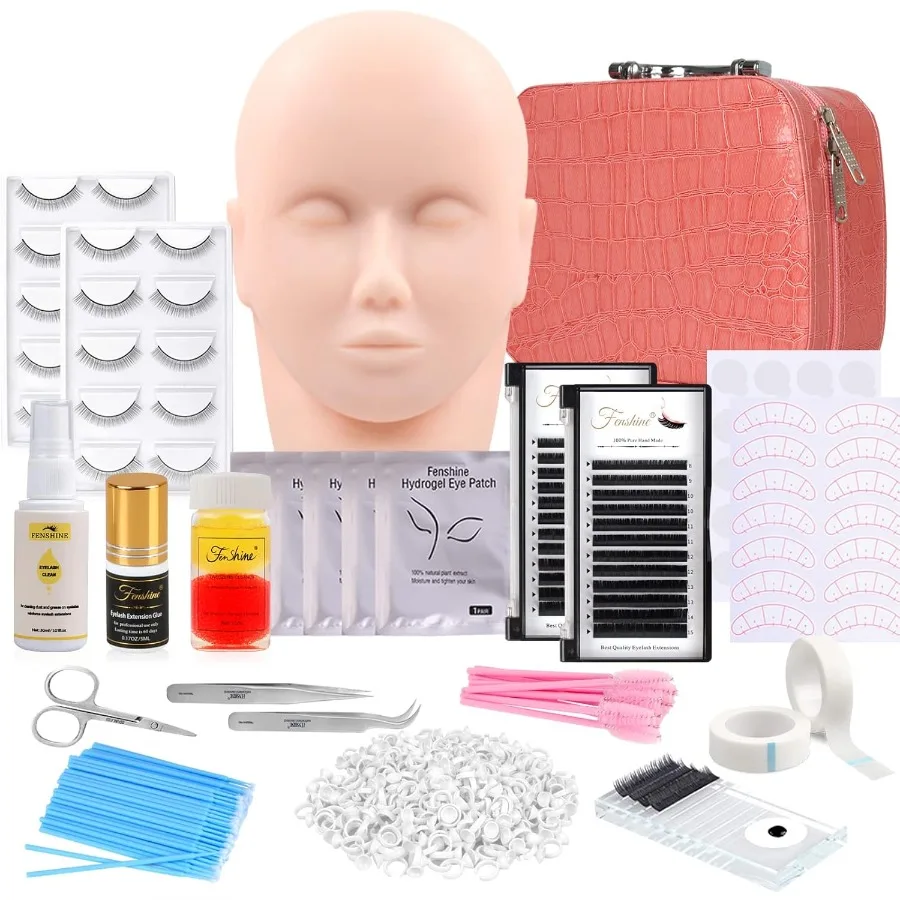 

Professional Eyelash Extension Kits 17Pcs with Mannequin Head for Training and Practice: Includes Glue Tweezers Makeup Bag and