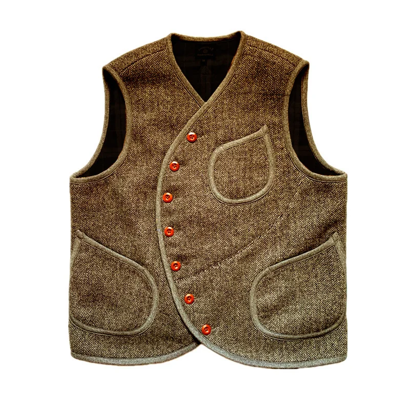 Men\'s Suit Vest Herringbone Wool Crew Neck Sleeveless Jacket Male Steampunk Waistcoat Vintage