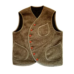 Chaleco de traje de lana de espiga para hombre, chaqueta sin mangas con cuello redondo, Steampunk, Vintage