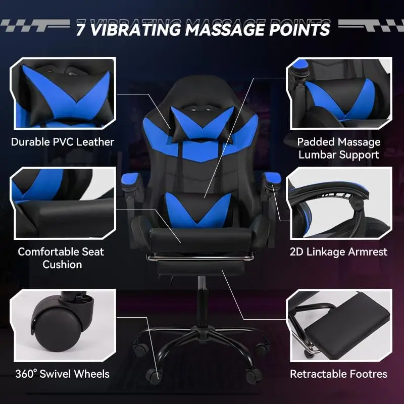 Gaming Chair with LED Light Control, Adjustable Backrest and Seat Height Swivel Recliner, Racing Style Ergonomic Office Computer