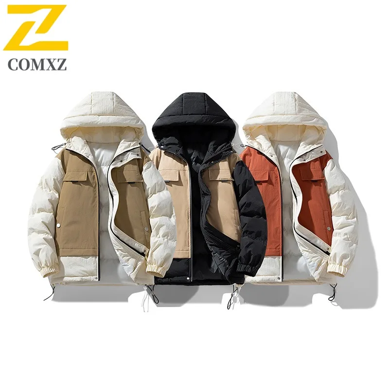 

COMXZ Men Bread Jacket Comfortable Loose Preppy Color Blocking Camping Snowy Padded Jacket Travel High Quality Winter Jacket