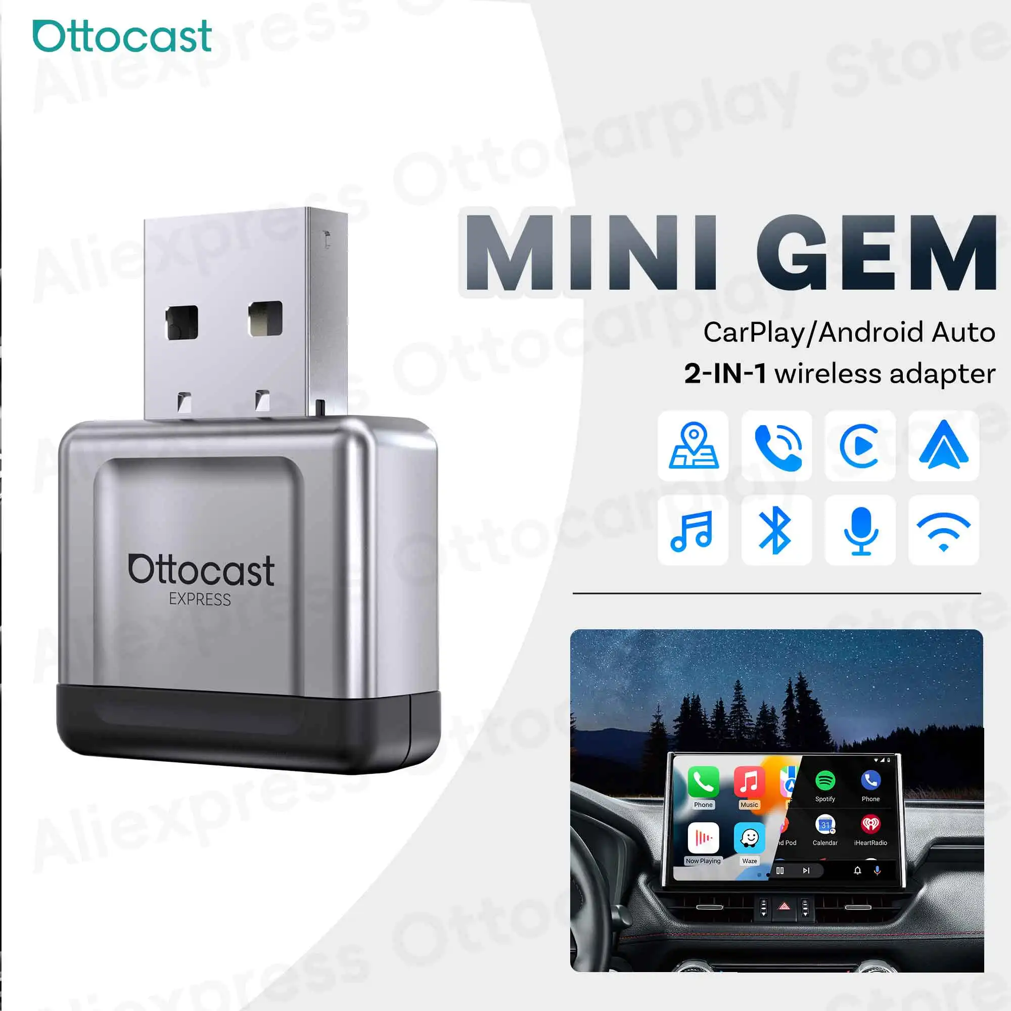 

Ottocast Express 2 в 1 Mini Gem: Беспроводной адаптер CarPlay и Android Auto, Plug and Play для Audi, Benz, Toyota, Honda, VW, Kia, Buick