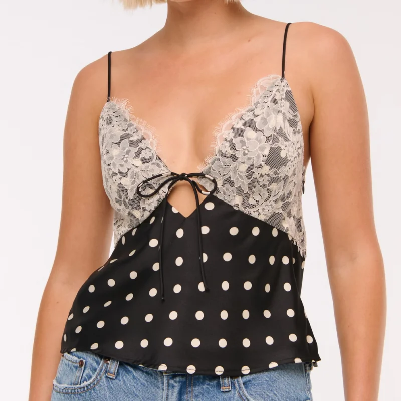 2026 New Women Retro Elegant Slim Fit Sleeveless Party Crop Top Summer Vintage V Neck Y2k Polka Dot Camisole Lace Sexy Tank Top