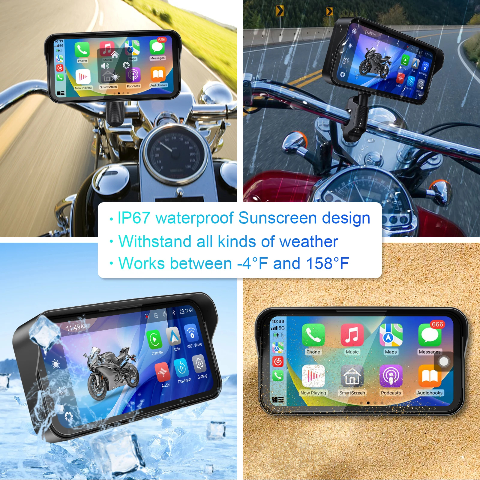 6,25 pulgadas portátil IPX7 impermeable motocicleta GPS navegación soporte inalámbrico Carplay Android Auto DVR unidad grabadora Moto TPMS