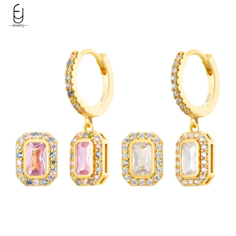 

925 Sterling Silver Needle Colorful Square Pendant Earrings Luxury Pink/White Zircon Stud Earrings For Women Fashion Jewelry
