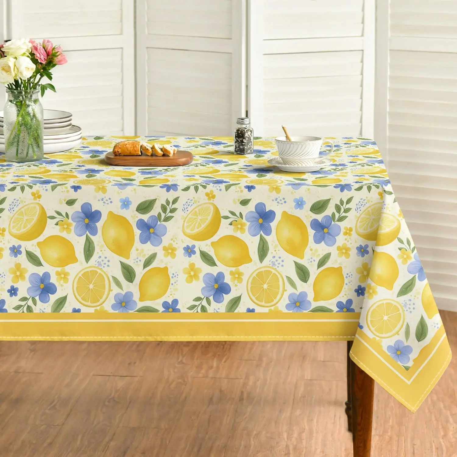 Summer Lemons Rectangle Tablecloth for Table Decor Yellow Lemon Blue Floral Leaves Print Kitchen Dining Table Cloth Party Decor