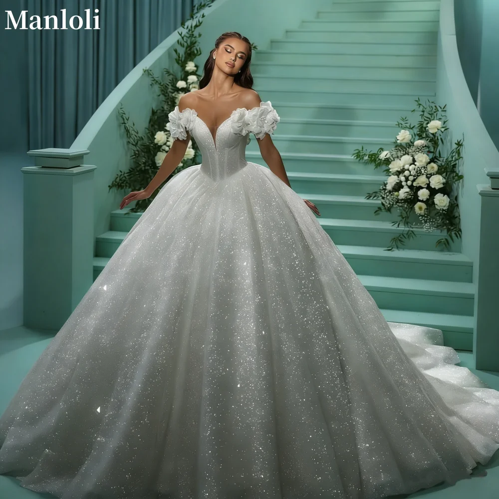 

Роскошное сверкающее свадебное платье принцессы, милое свадебное бальное платье с открытыми плечами, жилет с 3D цветком, свадебное платье трапециевидной формы по индивидуальному заказу