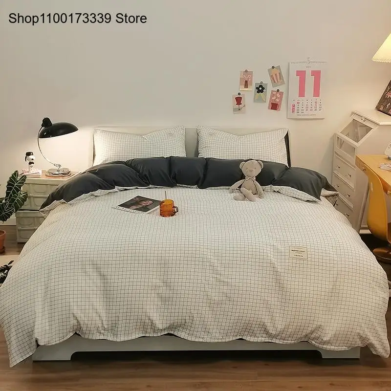 Japanese Style Unprinted Feng Shui Washed Cotton Four Piece Bed Sheet Duvet Set Student Dormitory Three Piece Bedding Set
