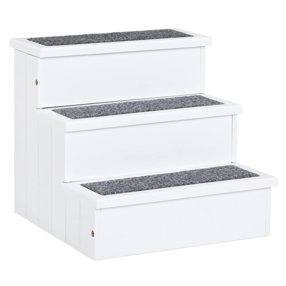 

3 Step Wooden Carpeted Non Slip Pet Stairs Ramp for Cats and Small Dogs - White