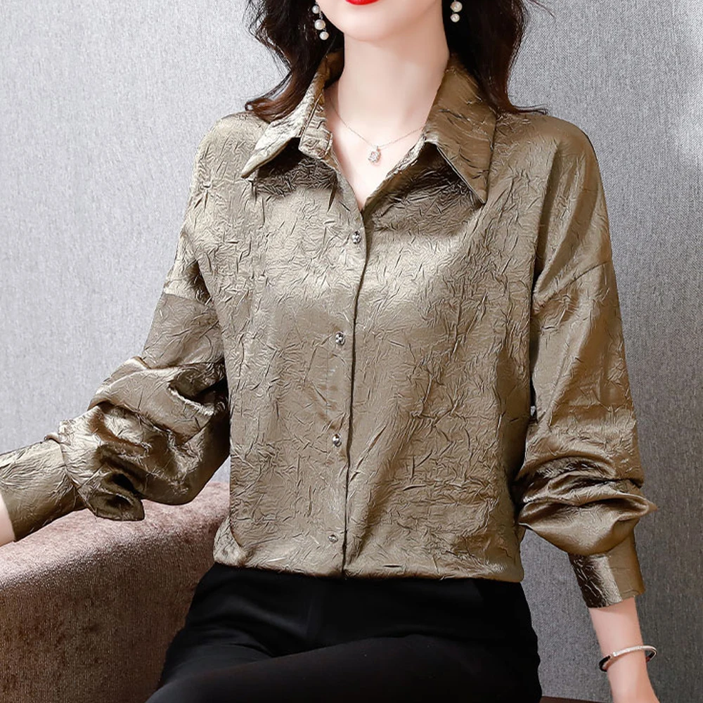 Elegant Chic Folds Shirts For Women Long Sleeve Korean Fashion Casual Loose Outwear Women Blouses 2024 Office Lady Basic Tops