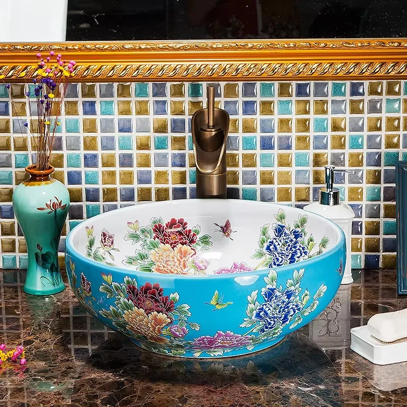 Container sink blue flower and bird flower-shaped ceramic countertop art bathroom wash basin