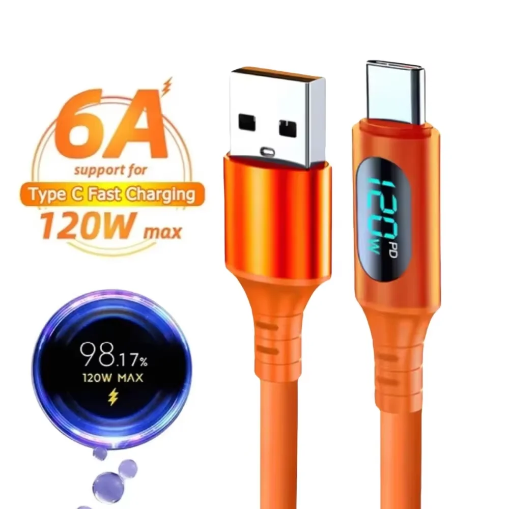 

120W 6A LED Digital Display Fast Charge USB Type C Cable for OPPO VIVO Huawei Liquid Silicone Fast Charging Cable Data
