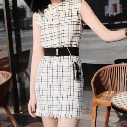 Women Plaid Dress Tassel Lace-up O-Neck High Waist Sleeveless Elegant Mini Robe