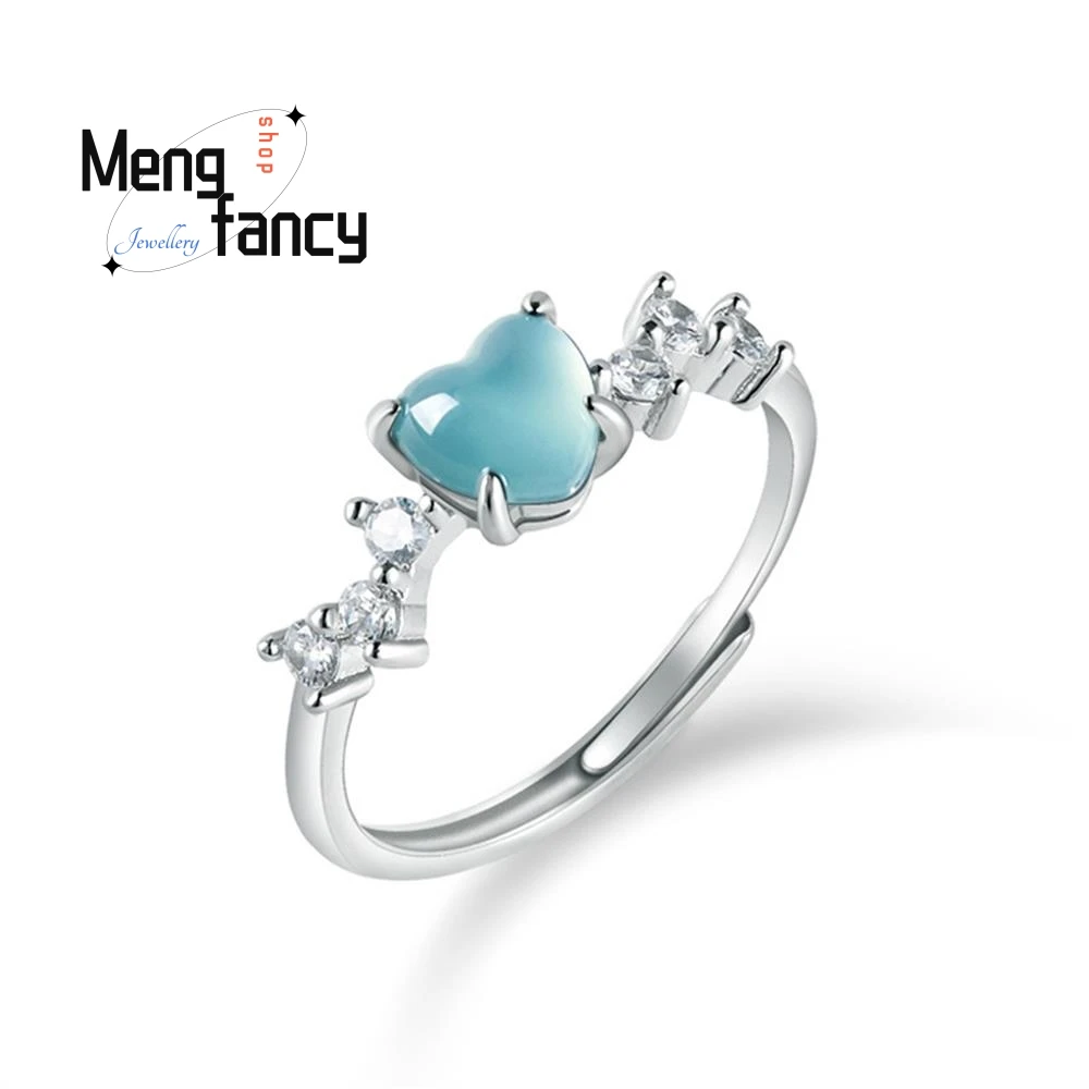 

S925 Silver Inlaid Natural A-goods Jadeite Blue Water Love Heart Adjustable Ring Icy Jade Couple Fashion Jewelry Holiday Gifts