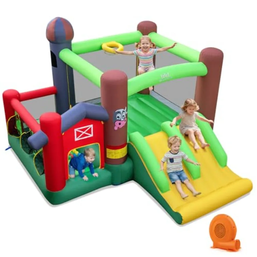 

Inflatable Bounce House, Farm Themed Bouncy House with Dual Slides for Racing Fun, Toddler Kids Jump Castle Bounce House with Ba