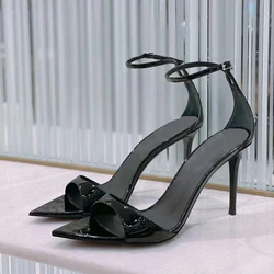 Black Patent Leather Heels 2024 New Sexy Pointed-toe Open-heeled Stiletto Strap Sandals