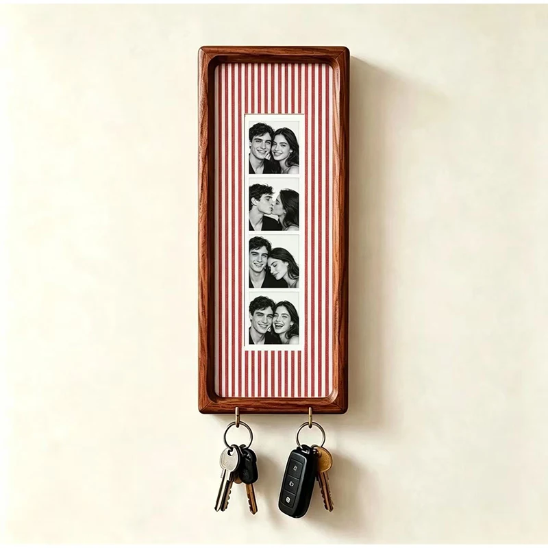Holz-Fotorahmen für Paare mit Schlüsselhaken, Wandmontierter Bilderrahmen, Modischer Gestreifter Rahmen, Schlüsselhalter, Jubiläumsgeschenk – Detail 17