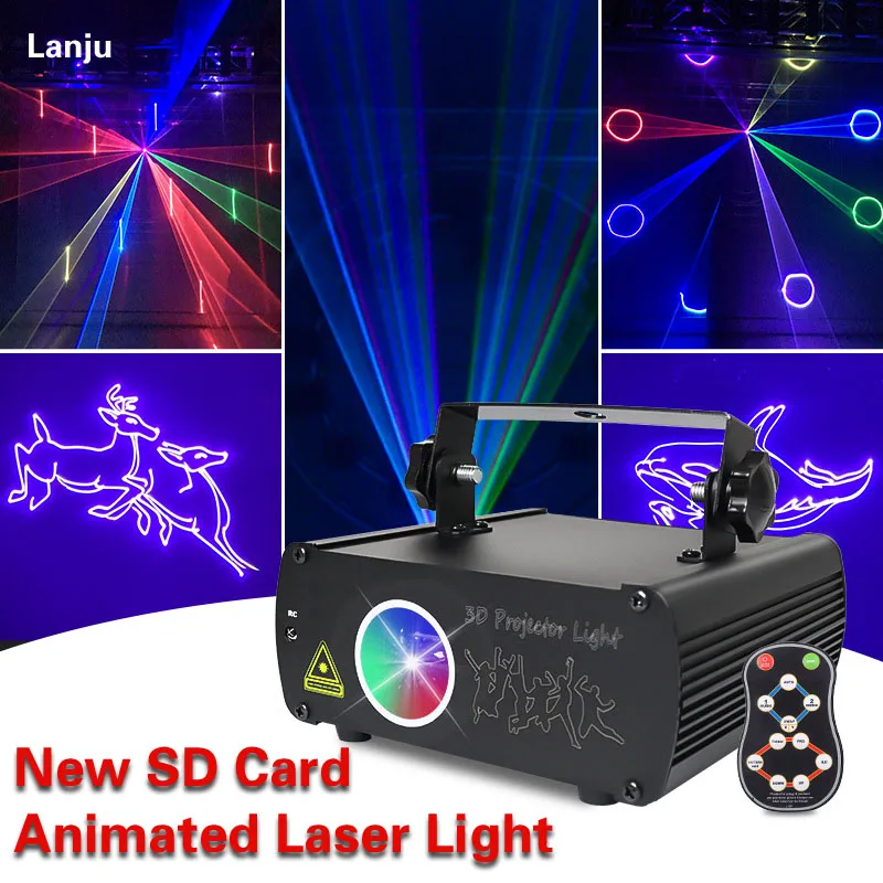 Lanju ไฟเลเซอร์ LED 500mW SD Card RGBW ควบคุมด้วยเสียงไฟรูปการ์ตูน3D DISCO DJ PARTY Flash แสงเวที