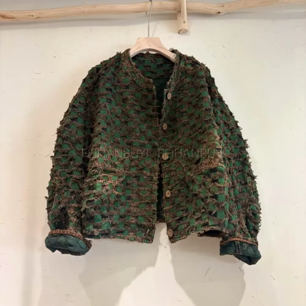 2026 Spring Autumn New Arts Style Women Long Sleeve Single Breasted Loose Casual Short Coats Vintage Plaid Cotton Denim Jackets