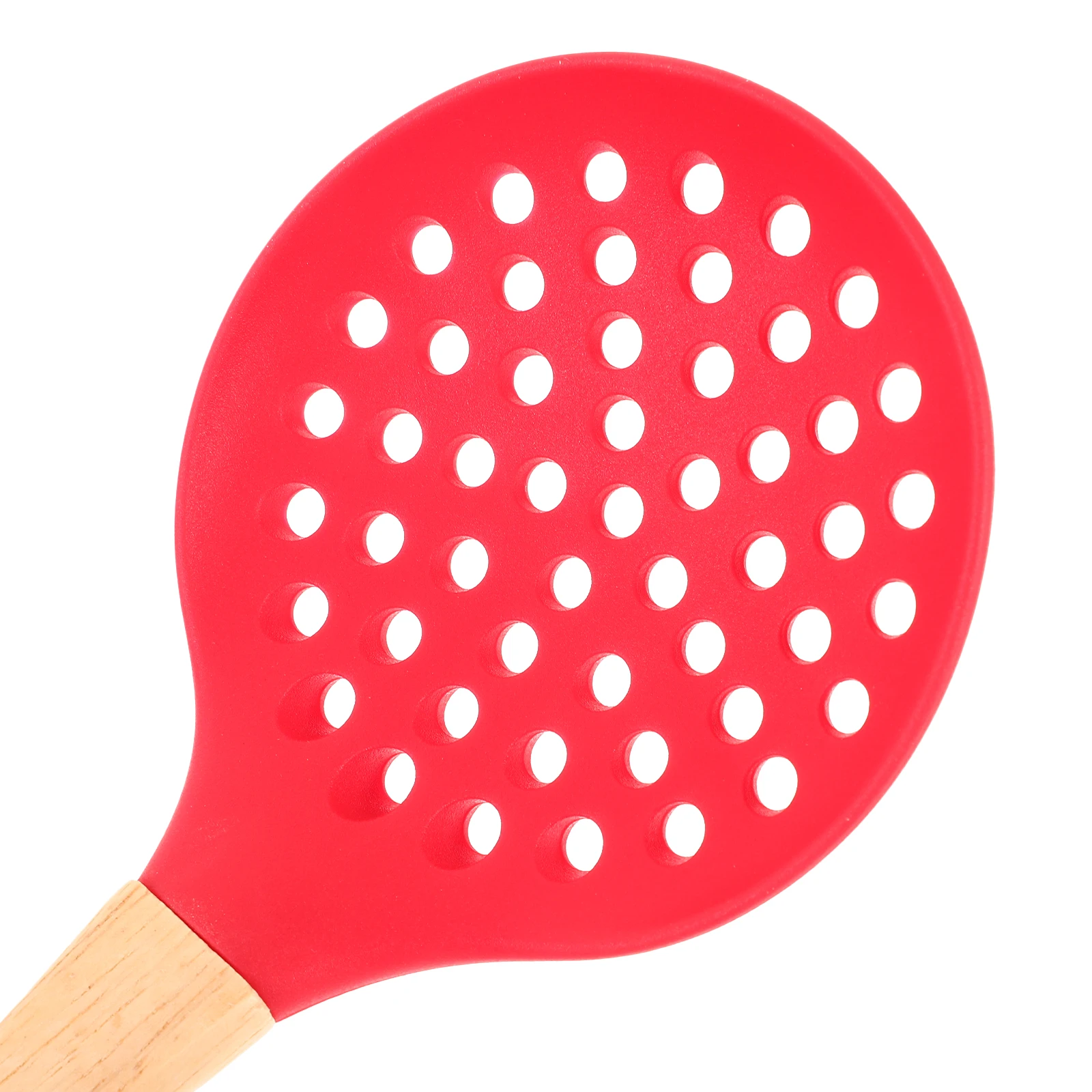 

Silicone Skimmer Red Heat Resistant Oil Filter Spoon Wood Handle Slotted Food Serving Ladle Frying Strainer Kitchen Utensil