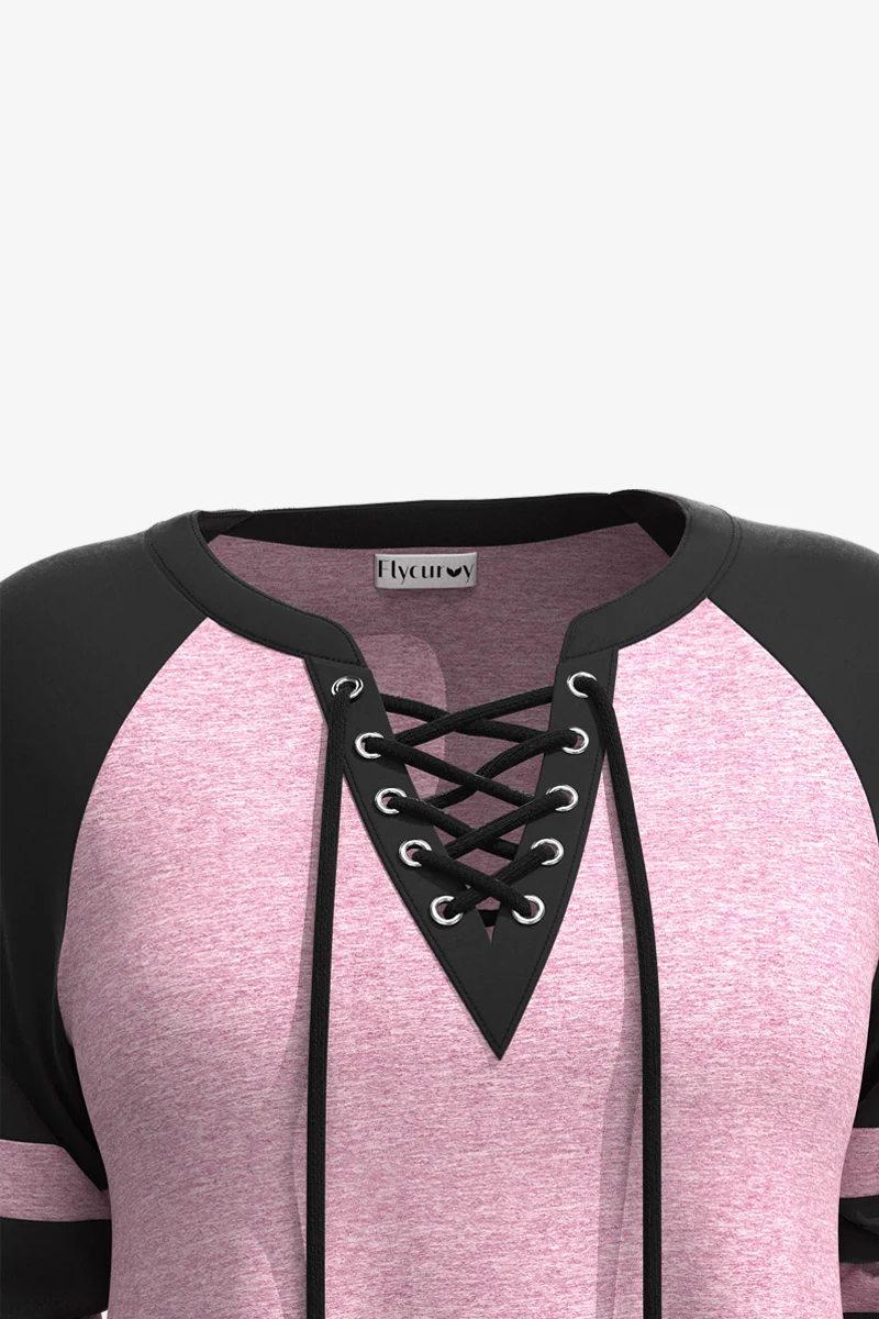 Damska koszulka z długim rękawem Plus Size Casual Pink Colorblock Cross Lace-Up V Neck T shirt Loose Casual Splice Medium Stretch Tops