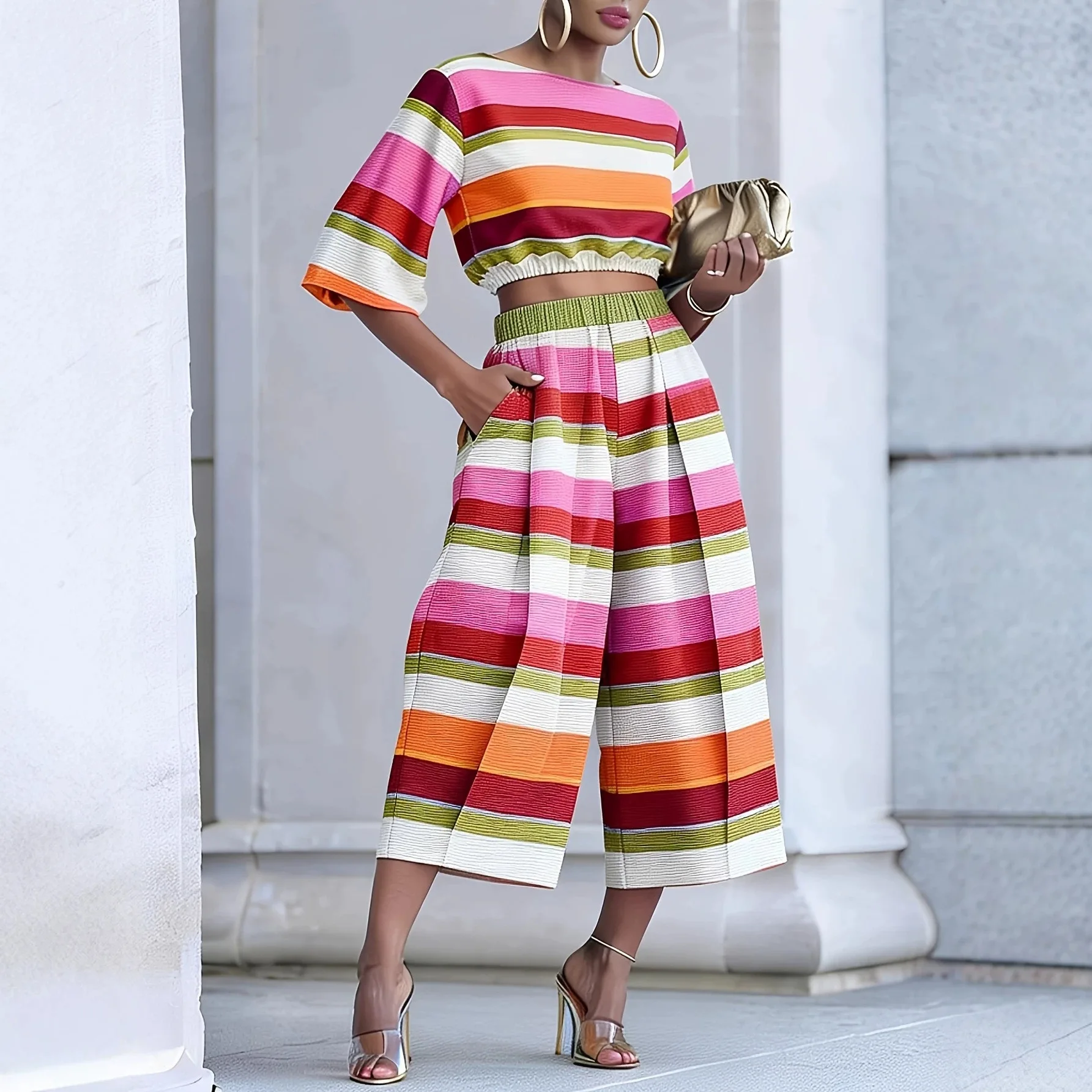 

New Stripe 2 Piece Outfit Women Bell Sleeve Crop Top Elastic Waist Wide Leg Capri Pants Summer Casual Vacation Two Piece Set