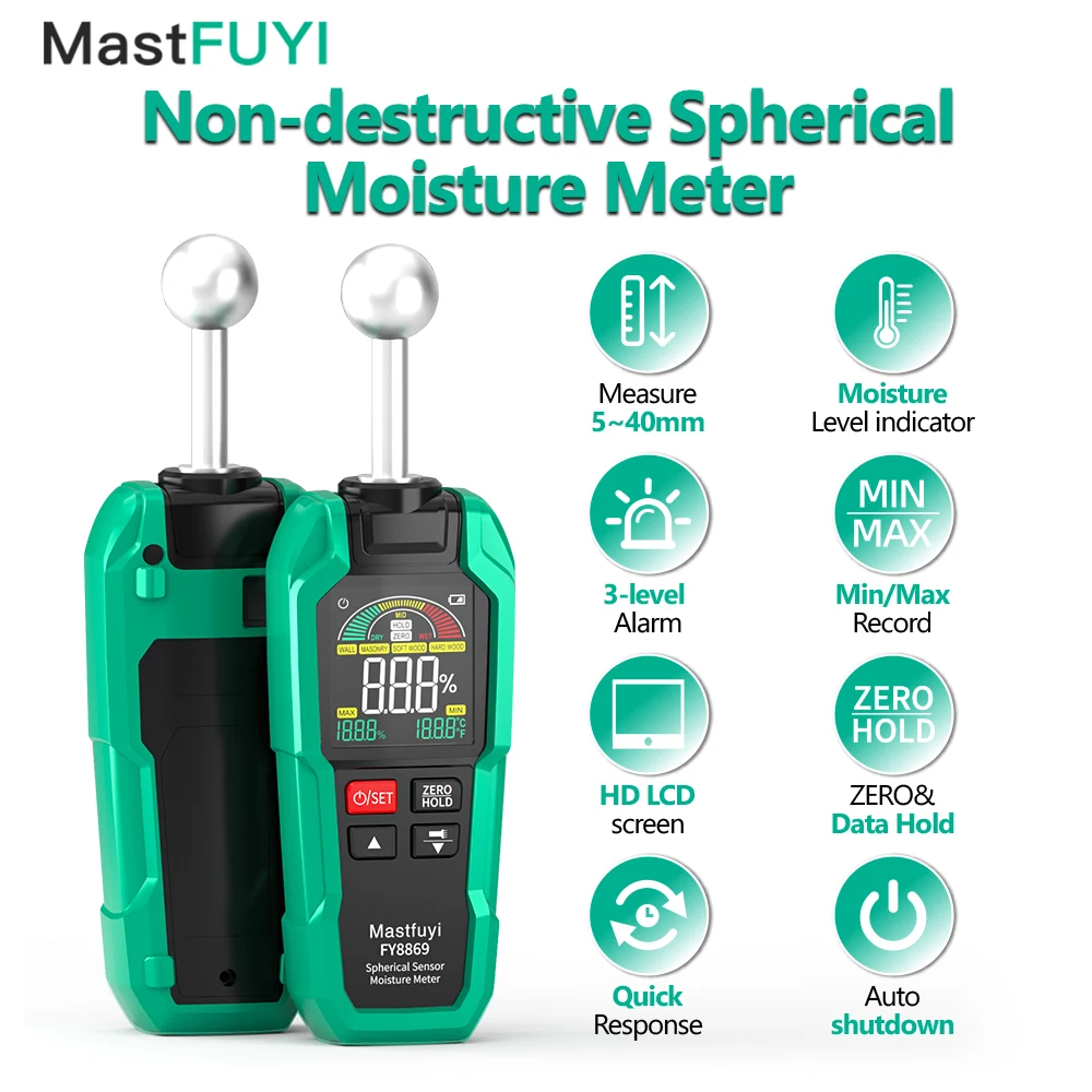 

MASTFUYI Pinless Moisture Meter with Ball Probe - Color LCD 0-100% RH Range & Alarm for Wood Walls Concrete Masonry Detection