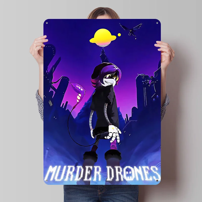 Murder Drones Blechposter, individuelle Wandkunst, Vintage-Metallschilder, Retro-Blechtafel für Gaming-Raumdekoration, gemütliche Schreibtischdekoration