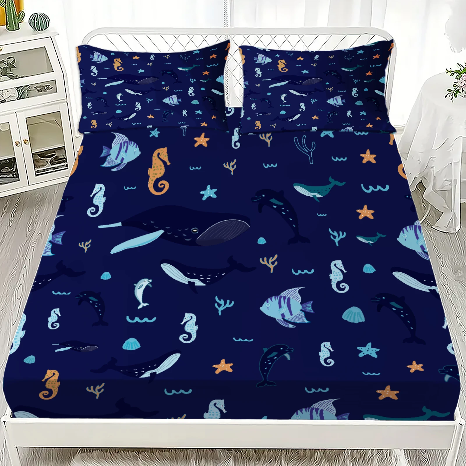 

3pcs Soft Fitted Sheet Set Gifts Simple Style For Kids Ocean Animals Sea Life Pattern Print Washable Bed Sheet With Pillowcases
