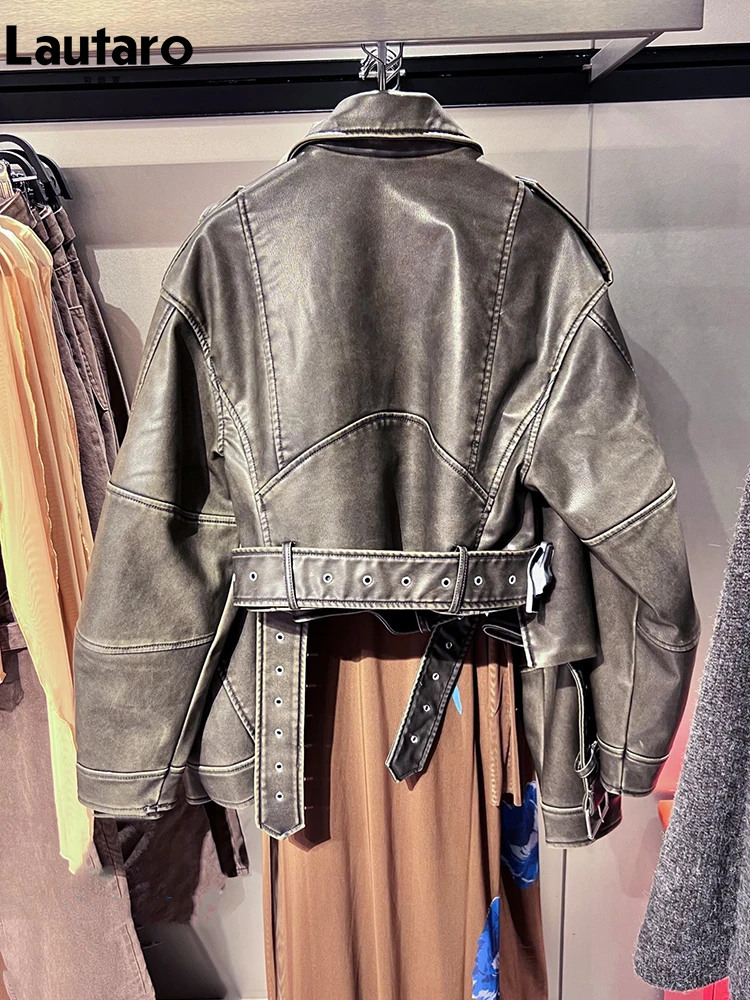 Lautaro-Damen kurze lose PU-Leder-Bikerjacke, Reißverschluss, Retro-Streetwear für Damen, europäische Mode, cool, Frühling, Herbst,