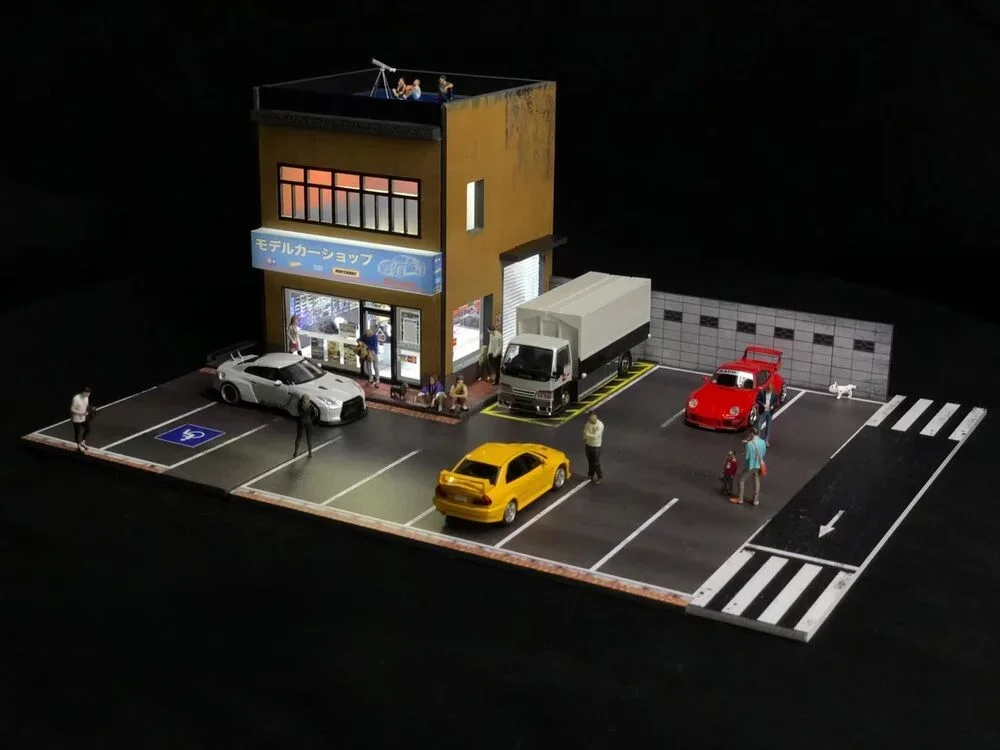 1:64 skala Diorama garaż samochodowy Model z diodami LED parkingi miasto DIY zestawy modeli można łączyć z miastami