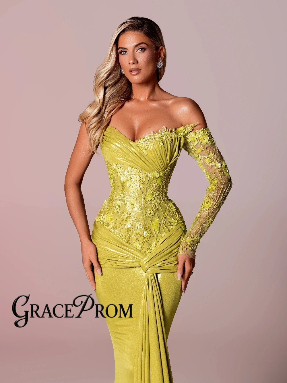 

Newest Elegant One Sleeve Beaded Corset Evening Dress Shiny Pearls Galas Stylish Pleated Customized Cocktail Gown With Slit