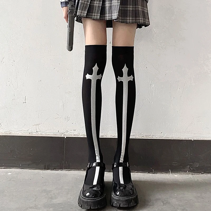 Cross Stockings Printed Halloween Socks Cross Cross Over Knee Socks Black And White Stockings For Women