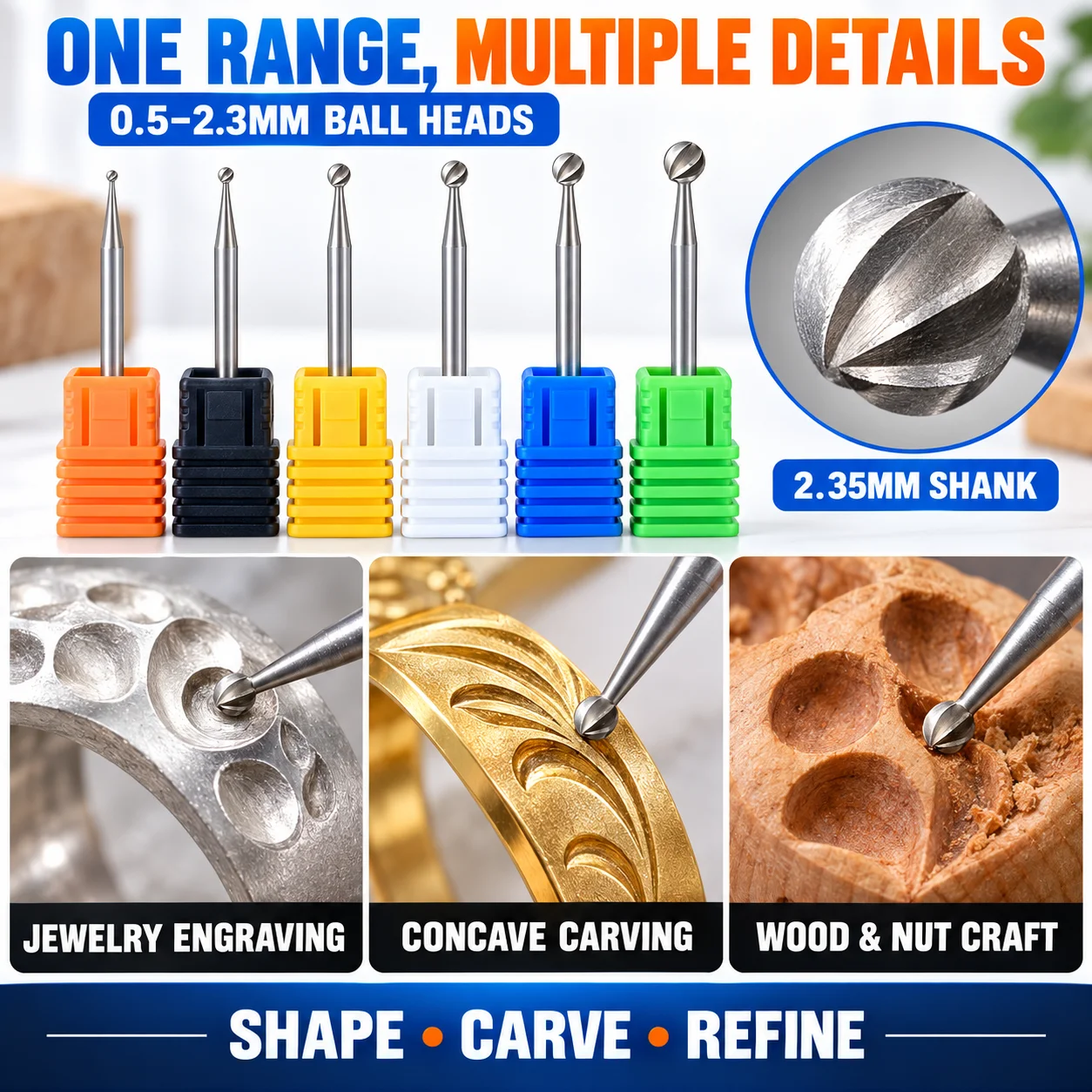 Tungsten Steel Ball Burr Set 0.5-2.3mm 2.35mm Shank for Jewelry Engraving - Durable Precision Carving Drill Bits for DIY Crafts