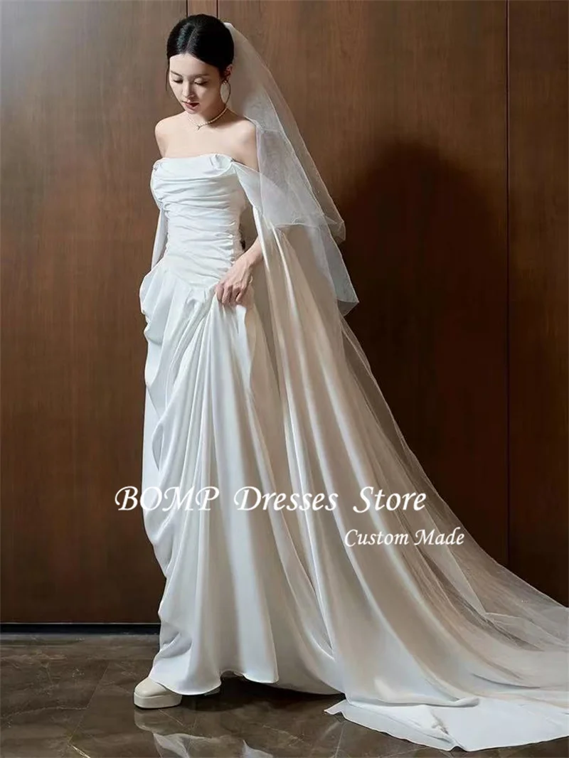BOMP أنيقة قبالة الكتف الحرير حورية البحر فساتين الزفاف كوريا صورة تبادل لاطلاق النار الأكمام الطابق طول أثواب الزفاف مخصص الحجاب طويل