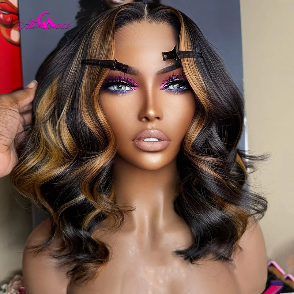

Ombre Highlight Медовый Блондин Объемная Волна Короткий Боб Парик Человеческих Волос 13x4 HD Прозрачный Кружевной Передний P1B/30 Человеческие Волосы для Женщин