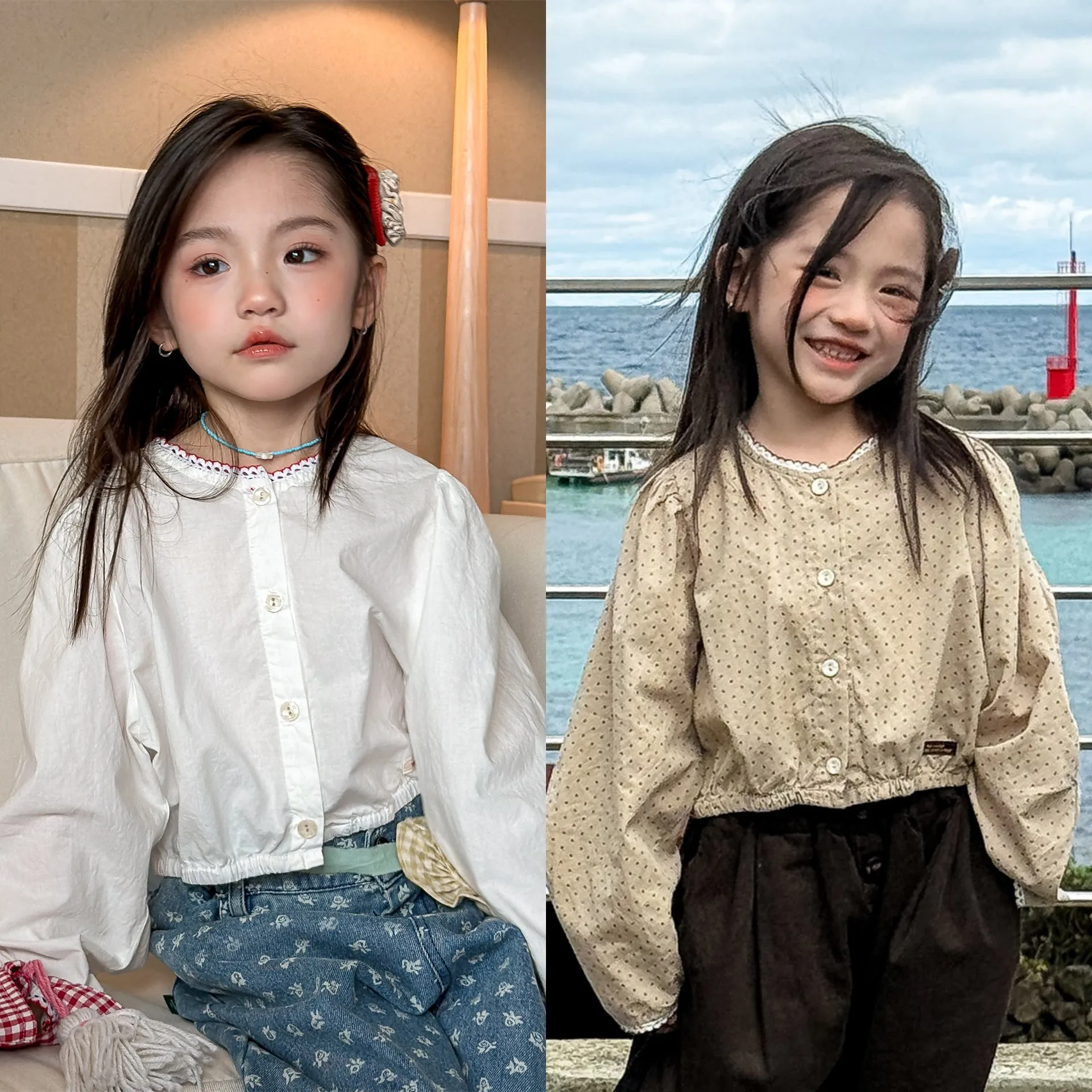 

Новое поступление весны 2026, детская одежда для девочек, корейский стиль, блузка в горошек с кружевной отделкой и пышными рукавами, детская рубашка на пуговицах