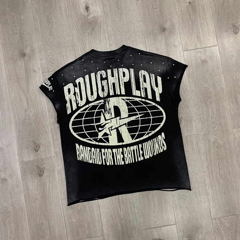 RoughPlay Monster Cut Off Maniche T Shirt Uomo Donna igh Street Vintage Lavato Foro Danneggiato Tee Strass Gioco Ruvido T Shirt