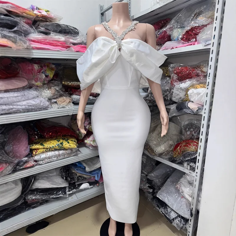 

Light Luxury High-End Off-Shoulder Halter Neck Rhinestone Bow Slim Bandage Dress Socialite Birthday Party Gown