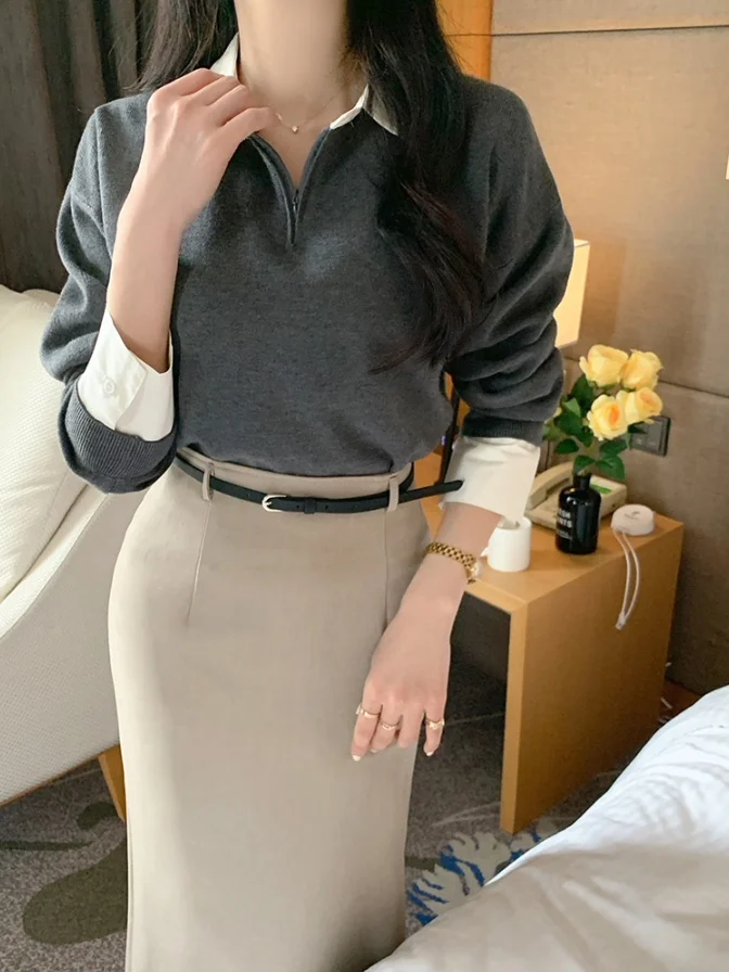 

Commute Versatile Knitted Patchwork Long Sleeve Collar Short Shirt Women's Autumn Winter New Style Color Block Fake Two-Piece
