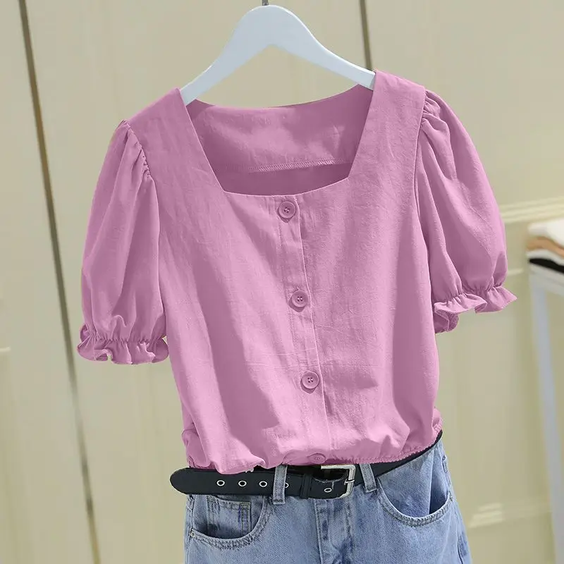 Office Lady Pleated Short Blouse Summer New Short Sleeve All-match Solid Color Fashion Shirt Tops Casual Vintage Women Clothing