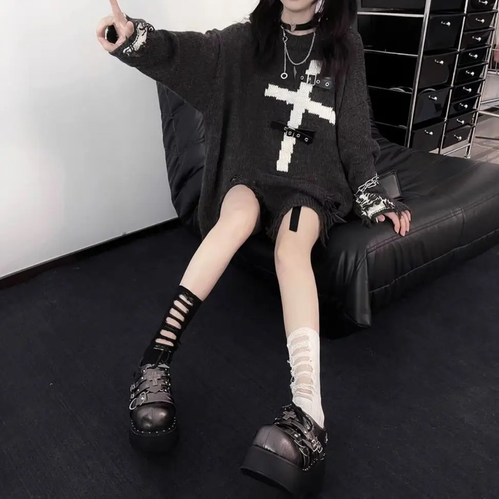 Grey Sweaters Gothic Oversize Subculture Punk Dark Cross Loose Knit Womens Sweater Pullovers Popular Trend Girls Cardigan