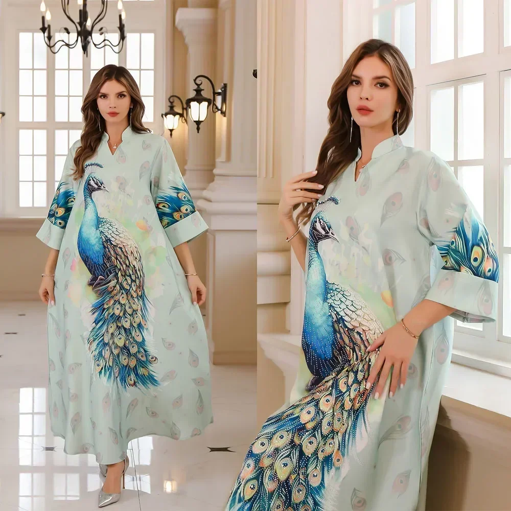 Peacock Print Abaya Muslim Women Vintage Diamonds Dress Loose Jalabiya Stand V-neck Long Robe Folding Sleeve Gown Islamic Kaftan