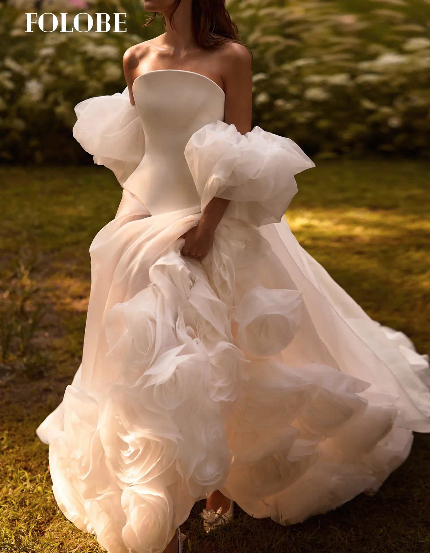 فستان زفاف FOLOBE فاخر بدون حمالات على شكل زهور بدون أكمام أبيض على شكل حرف a فساتين زفاف أنيقة للعروس والنساء حسب الطلب #2