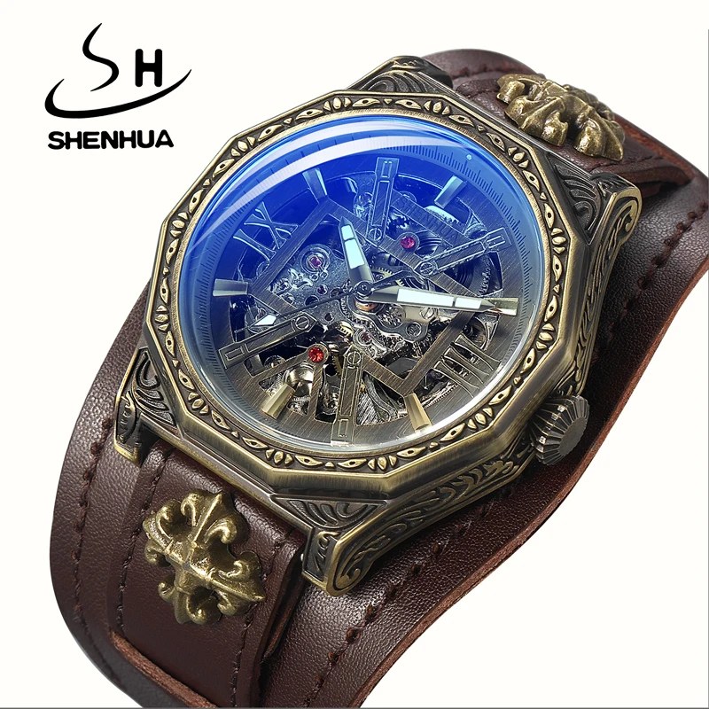 

SHENHUA Fashion Steampunk Rock Style Wristwatch Retro Carving Man's Automatic Mechanical Watch Luxury Skeleton Waterproof Watch